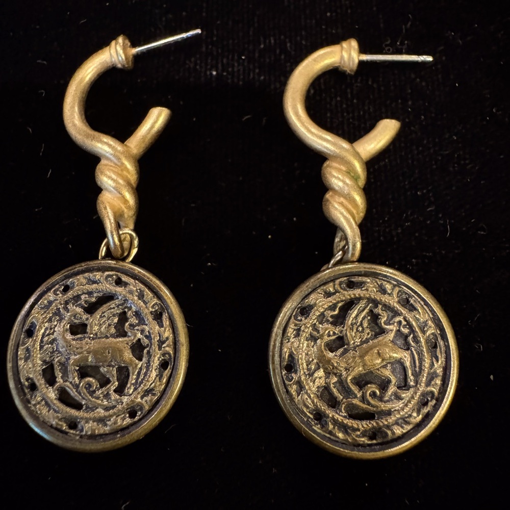 Vintage Gold-Tone Victorian Button Earrings Featuring Pegasus